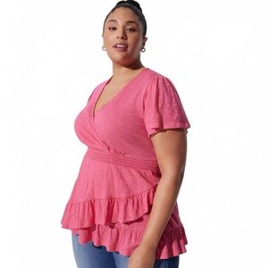 Torrid Cotton Modal Surplice Faux Wrap Top Size 4X 26 Honeysuckle Pink Tiered